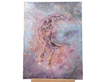 Moon Dreamcatcher Textured Acrylic Painting: Child's Room Decor (16"x12")