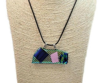 Fused Glass Pendant Necklace Blue Green Pink, Glass Jewelry, Dichroic Glass Pendant, Large Pendant, Fused Glass Necklace, Boho Necklace, Art