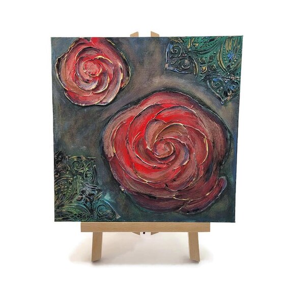 Textured Red Rose Painting | Palette Knife Acrylic Art, 12x12
