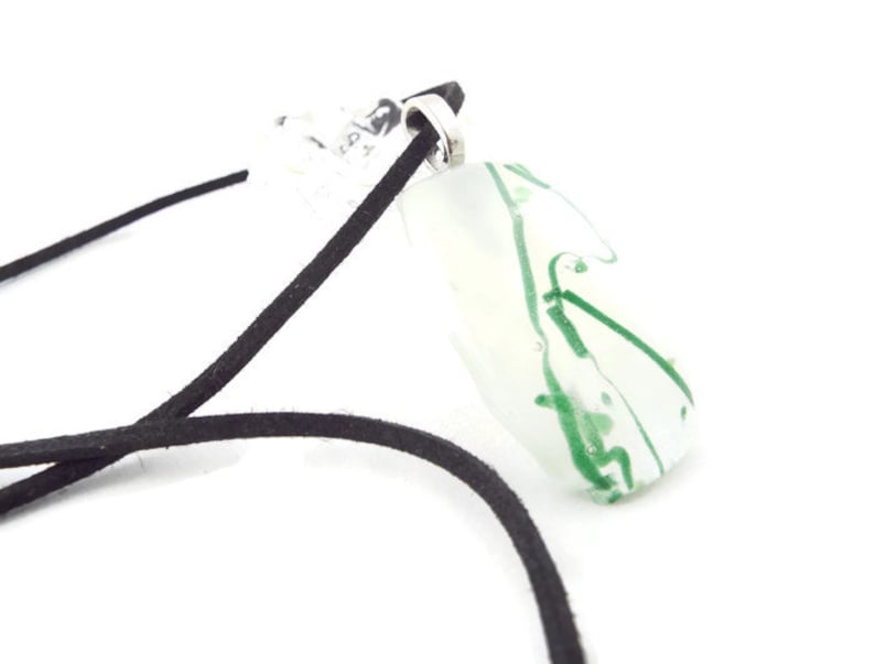 White With Green Vine Lines Fused Glass Pendant Necklace, Jewelry, Nature Lover, Woman's Gift Idea, Saint Patrick's Day, Casual Wear, Spring image 9