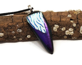 Dichroic Fused Glass Pendant Necklace: Purple Blue Zebra Arrowhead