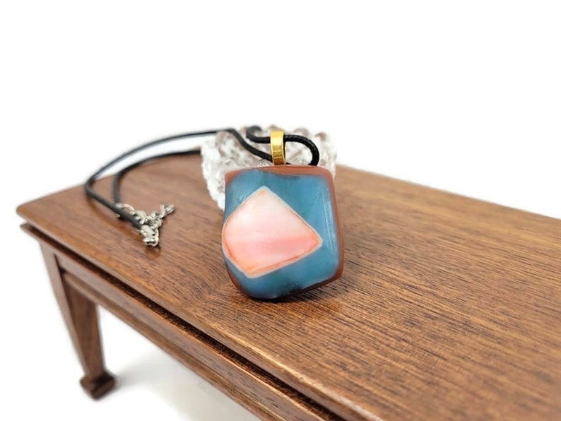 Brown Blue Orange Fused Glass Pendant Necklace, Unisex Gift, Jewelry, Boho, Hippie Fashion, Fall Wear, Birthday, Beachy Vibe, Large, Casual image 8