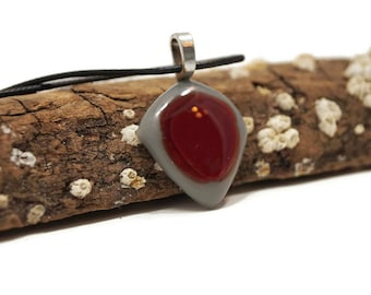 Red & Gray Fused Glass Pendant Necklace: Diamond Circle, Handmade
