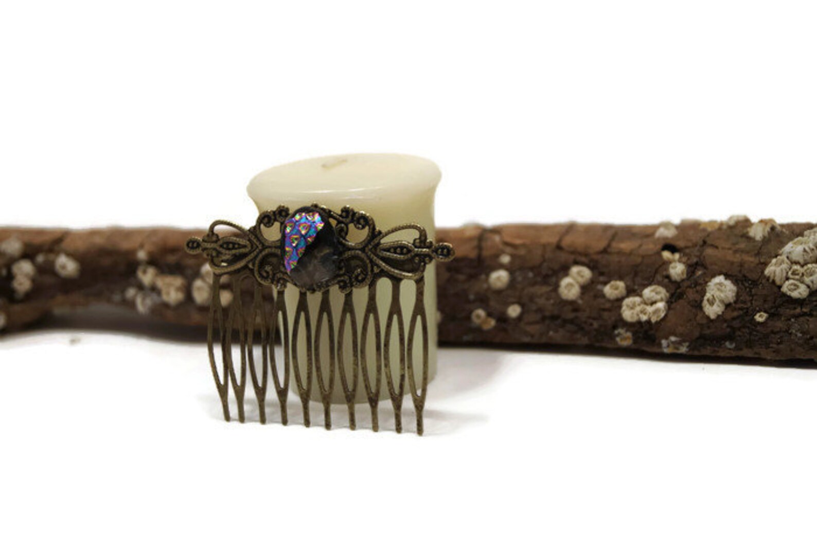 Dichroic Fused Glass Hair Comb, Hair Accessories, Wedding, Bronze Tone