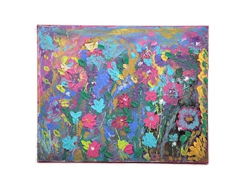 Lourd texturé printemps été fleur jardin peinture acrylique, toile tendue originale 16 "x 20", décor de bureau à domicile, cadeau d’art mural, abstrait