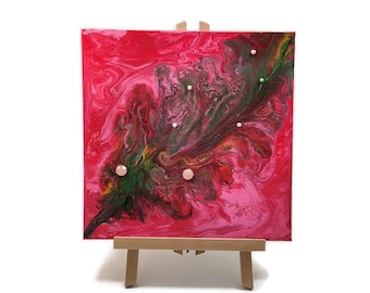 Feather Leaf Acrylic Fluid Art Painting: Pink Vintage Jewelry, Pearl Beads (12"x12")