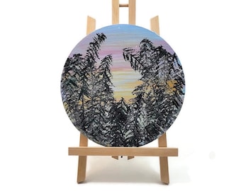 Forest Sunset Acrylic Painting: Round Canvas Wall Art (10 inch)