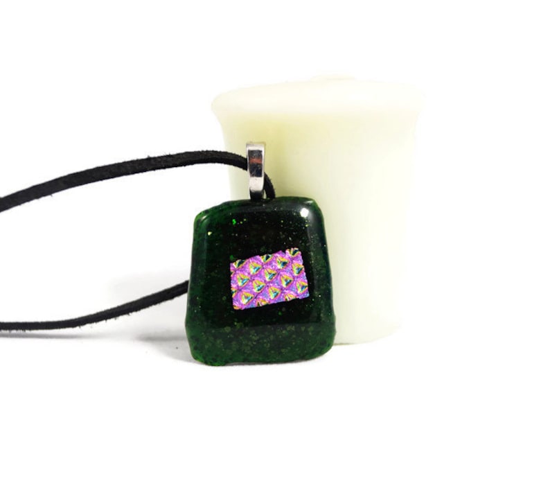 Green Glitter And Pink Dichroic Fused Glass Pendant Necklace, Jewelry, Fashion, Boho, Christmas Necklace, Shimmer, Boho Hippie, Woman's Gift image 10