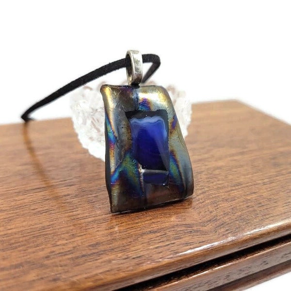 Dichroic Fused Glass Pendant Necklace With Brown Dark Rainbow Colors And Blue, Jewelry, Boho, Hippie, Unisex, Birthday Gift, Shimmer Shine