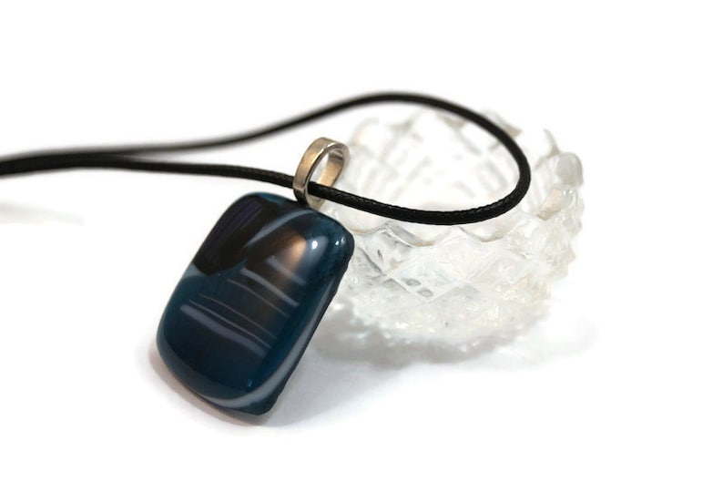 Unisex Blue and White Fused Glass Pendant Necklace Blue Glass Necklace Pendant Hippie Necklace Boho Necklace Dichroic Accent Necklace