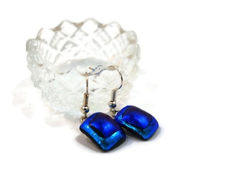 Two Tone Blue Dichroic Fused Glass Earrings, Drop, Dangle, Boho, Wire Back, Square Shape, Sparkle, Jewelry, Woman's Gift, Prom, Light Weight