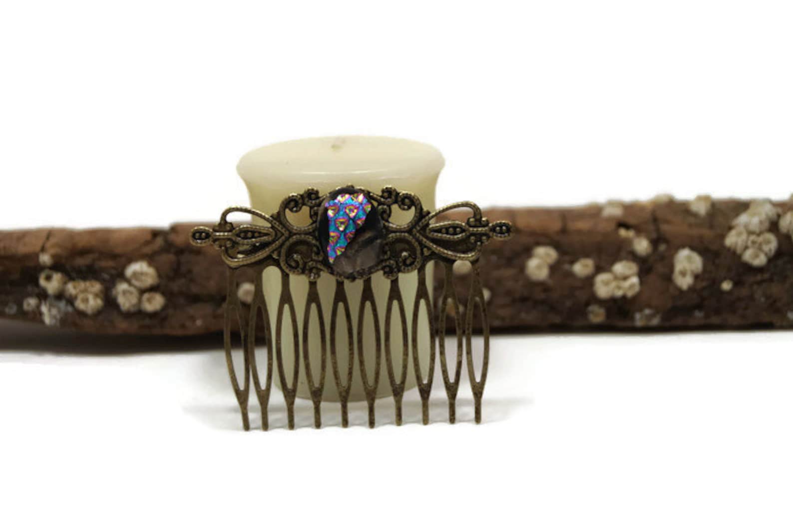 Dichroic Fused Glass Hair Comb, Hair Accessories, Wedding, Bronze Tone