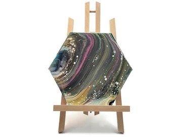 Original Hexagon Acrylic Pour Painting: Neutral Earth Tones Abstract Art 10"