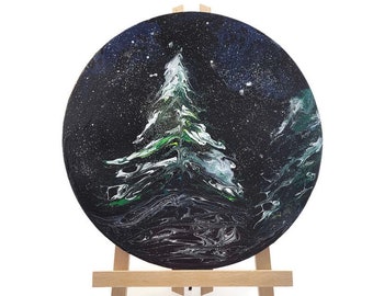 Winter Landscape, Snow Covered Trees And Sky, Forest, Acrylic Fluid Art Painting, Circle Stretched Canvas, Original 12" Round, Christmas Art