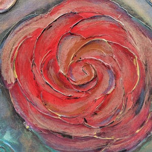 May include: Close-up of a textured painting of a red rose. The petals are layered with shades of red, brown, and gold, creating a three-dimensional effect. The artwork has a visible brushstroke texture, with a dark background.