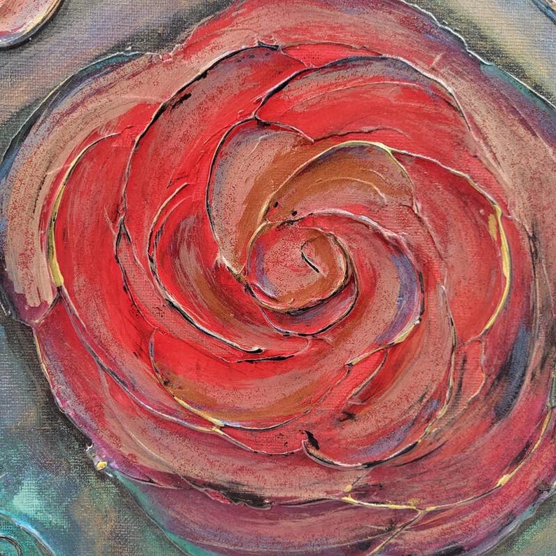 May include: Close-up of a textured painting of a red rose. The petals are layered with shades of red, brown, and gold, creating a three-dimensional effect. The artwork has a visible brushstroke texture, with a dark background.