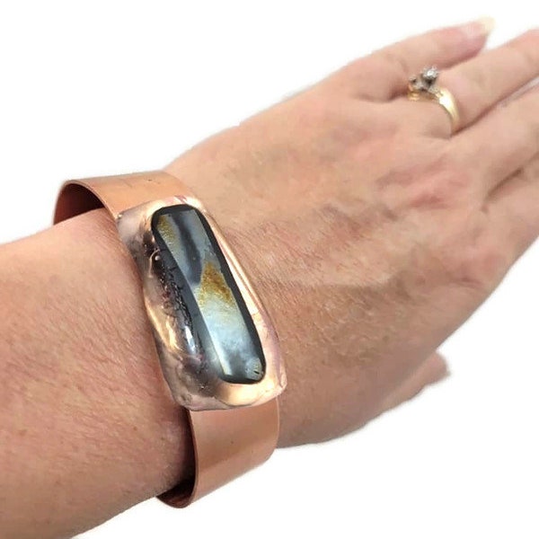 Adjustable Copper Cuff Bracelet: Dichroic Fused Glass Boho Jewelry