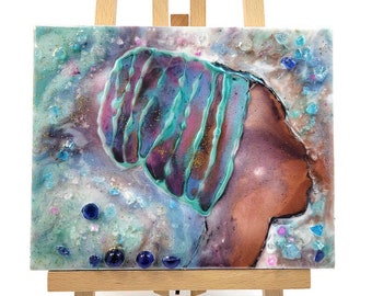 African Girl Resin Painting: Abstract Fluid Art, Crushed Glass (8x10)