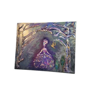 May include: A painting of a woman in a purple dress standing in a forest. The woman is surrounded by trees and flowers. A small bird is flying above her head.