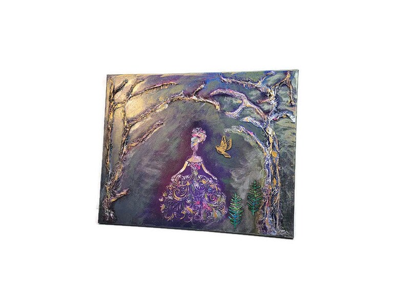 May include: A painting of a woman in a purple dress standing in a forest. The woman is surrounded by trees and flowers. A small bird is flying above her head.