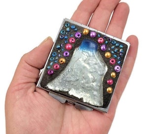 Fused Glass Compact Mirror: Beaded Mountain Design, Pet Remembrance Gift
