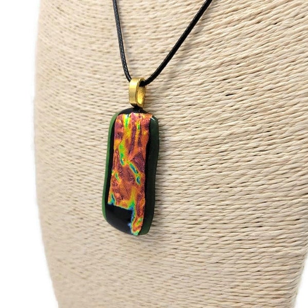 Dichroic Fused Glass Pendant Necklace, Green With Fire Orange, Boho, Hippie Vibe, Woman's Jewelry, Christmas Gift, Sparkle, Casual Wear, Art