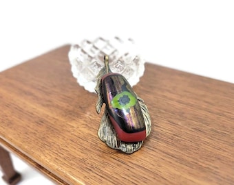 Dichroic Fused Glass Leaf Pendant: Gold Tone Charm, DIY Jewelry