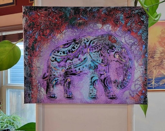Textured Asian Elephant Painting: Boho Ganesh Wall Art, 14"x11"