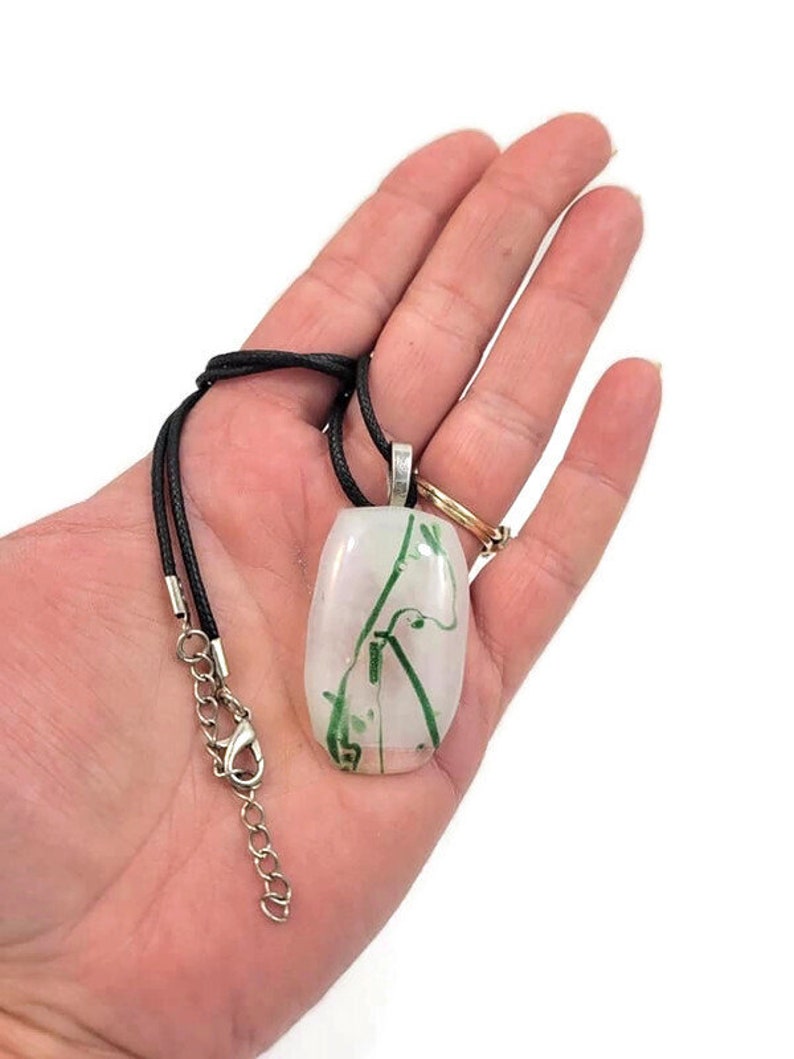 White With Green Vine Lines Fused Glass Pendant Necklace, Jewelry, Nature Lover, Woman's Gift Idea, Saint Patrick's Day, Casual Wear, Spring image 6