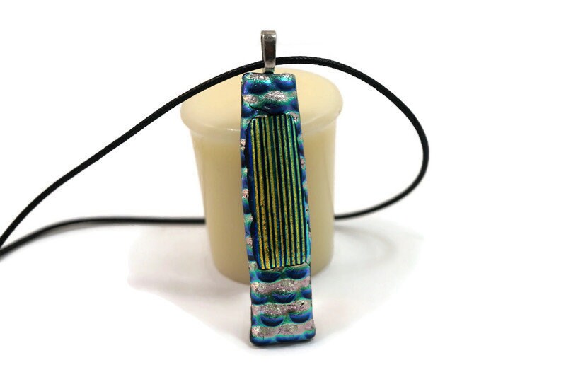 Large Dichroic Fused Glass Pendant Necklace, Long and Thin Rectangle ...