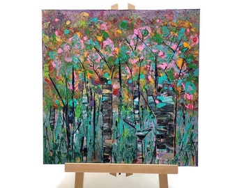 Tree Acrylic Painting: Abstract Forest Art, 12"x12" Canvas