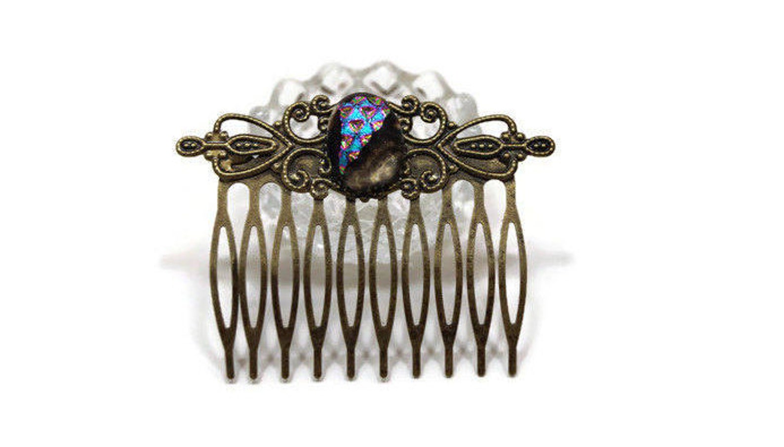 Dichroic Fused Glass Hair Comb, Hair Accessories, Wedding, Bronze Tone