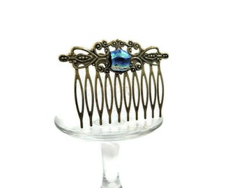 Bronze Tone Hair Comb: Victorian Blue Dichroic Fused Glass Barrette