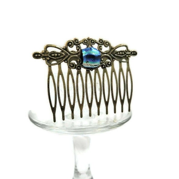 Bronze Tone Victorian Hair Comb With Blue Silver Dichroic Fused Glass Piece, Boho Wedding, Prom, New Years Eve, Woman's Gift, Updo, Barrette