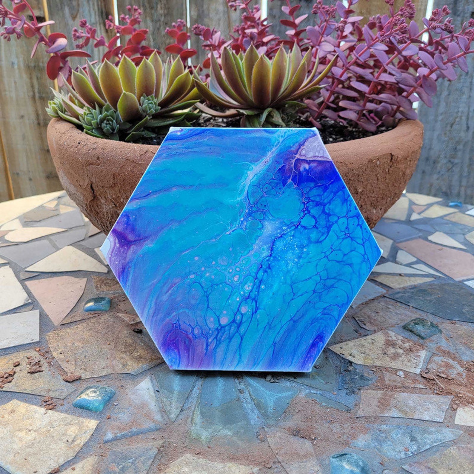 Acrylic Fluid Art Painting Hexagon Stretched Canvas Original Etsy