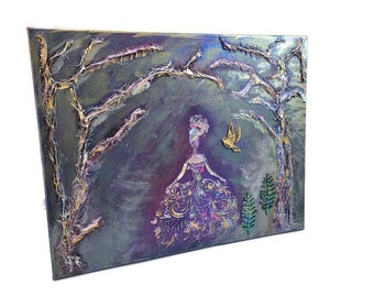 Acrylique texturé princesse enchantée dans la peinture de la forêt, toile tendue Original 16 x 20, décoration de chambre de fille, Art mural, cadeau d’anniversaire