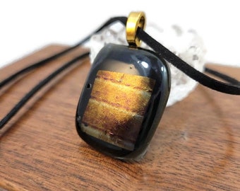 Fused Glass Pendant Necklace, Jewelry, Earth Tones, Boho, Hippie, Unisex, Nature Vibe, Gift, Square, Neutral, Shiny, Woodland, Black Brown