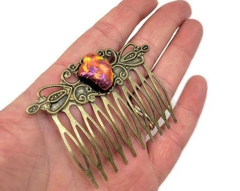 Victorian Bronze Hair Comb: Dichroic Fused Glass, Antique Style