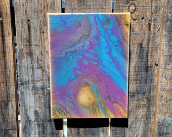 Peacock Colors Acrylic Fluid Art Painting: Gold Glitter Abstract (12x9)