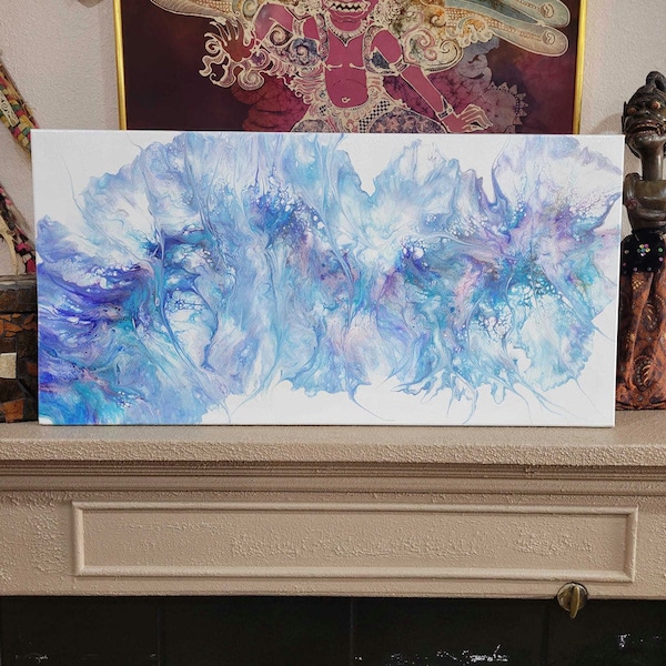 Fluid Acrylic Art Pour Painting, Original Stretched Canvas 36"x18", Abstract Wall Art, Purple Blue White Dutch Pour Method, Home Decor, Gift