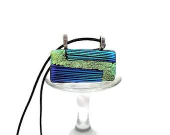 Dichroic Fused Glass Pendant Necklace: Green, Blue, and Gold Sparkle