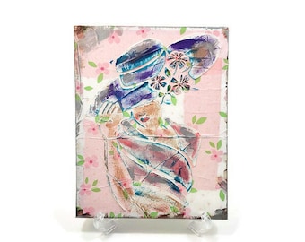 Lady in Hat Mixed Media Painting: Textured Acrylic Art (8x10)