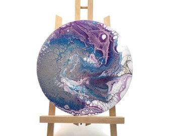 Original Abstract Fluid Art Painting: Silver, Purple, Blue - 10" Round Canvas
