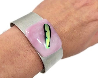 Adjustable Aluminum Cuff Bracelet: Pink Fused Dichroic Glass