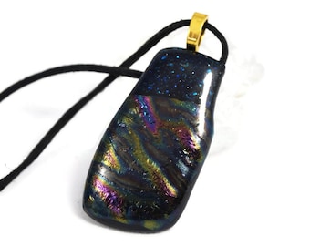 Extra Large Dark Blue With Blue Glitter And Rainbow Fused Glass Dichroic Pendant Necklace, Cosmos Jewelry, Colorful Fashion, Statement, Gift