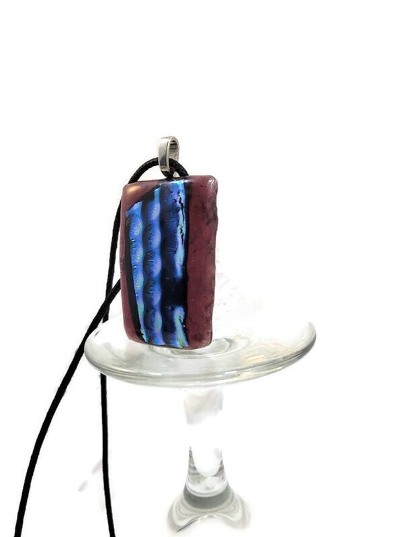 Dark Purple With Blue Green Silver Bubble Dichroic Fused Glass Pendant Necklace, Jewelry, Fashion, Boho Style, Hippie, Large, Birthday Gift image 9