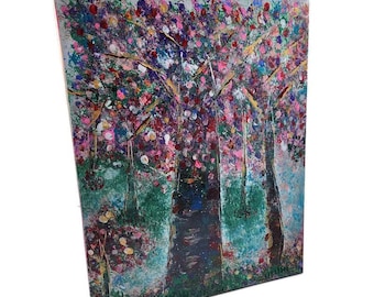 Summer Forest Acrylic Painting: Whimsical Abstract Trees, Original Canvas Art (20" x16")