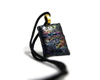 Textured Dichroic Fused Glass Pendant Necklace, Jewelry, Fashion, Rich Deep Colors, Dark Rainbow, Gothic, Boho, Hippie, Woman's Gift, Bubbly