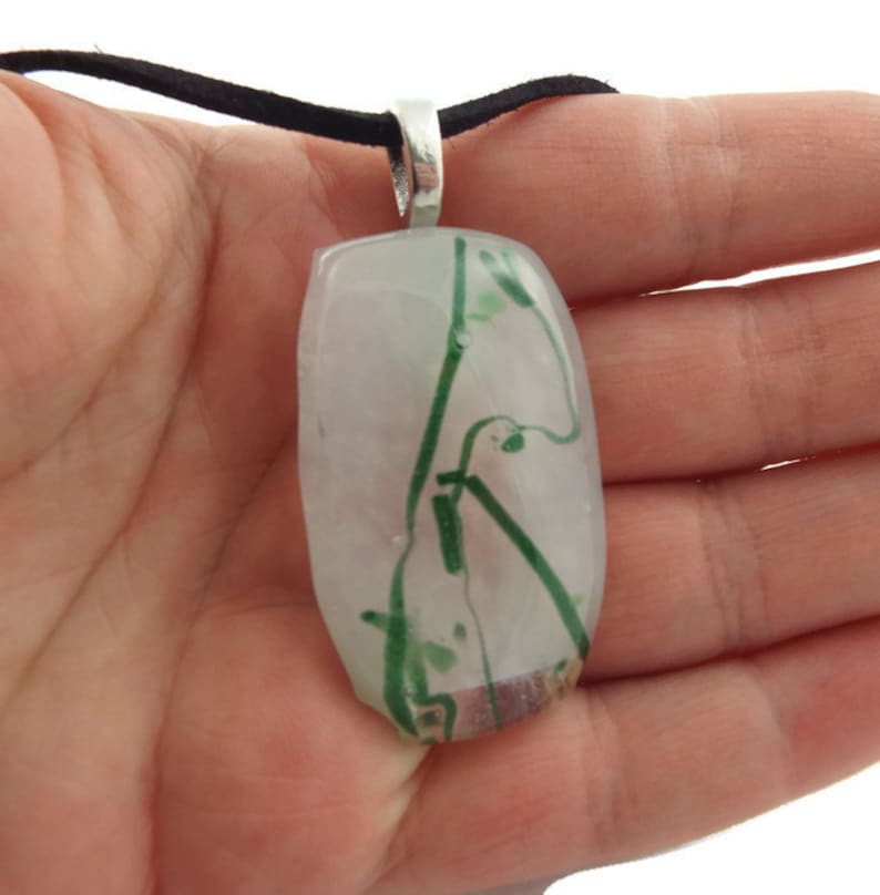 White With Green Vine Lines Fused Glass Pendant Necklace, Jewelry, Nature Lover, Woman's Gift Idea, Saint Patrick's Day, Casual Wear, Spring image 10
