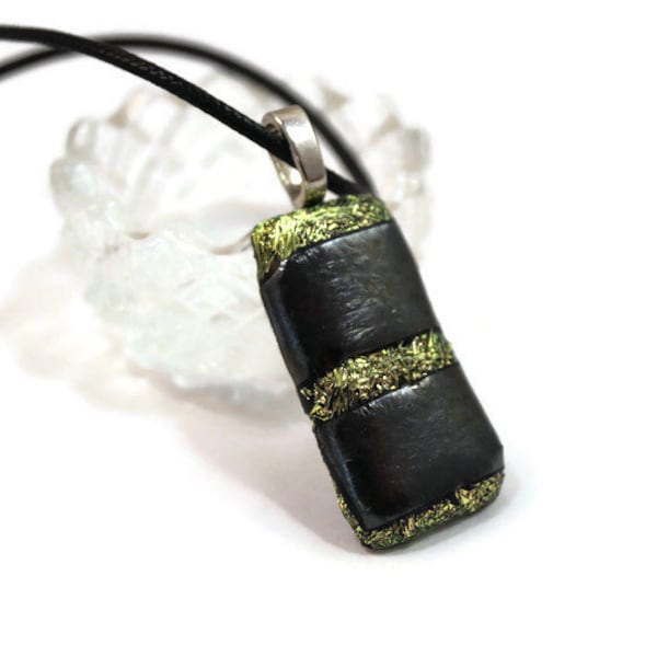 Dichroic Fused Glass Pendant Necklace, Gold Green Sparkle With Black, Boho, Hippie, Jewelry, Shiny, Glitter, Unsex Gift Idea, Birthday, Fun